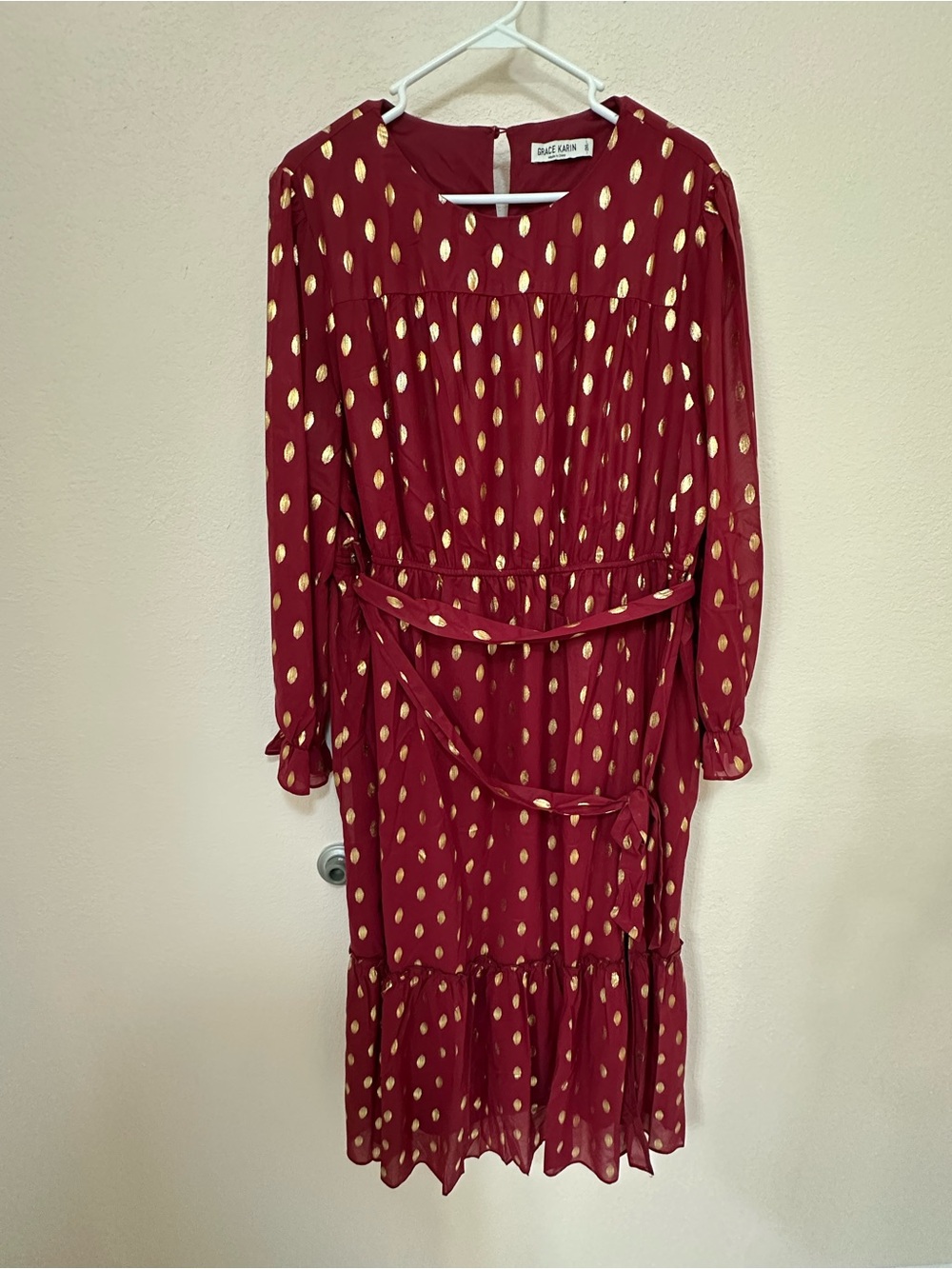 Grace Karin Burgundy Long-Sleeve Dress with Gold Dot Print